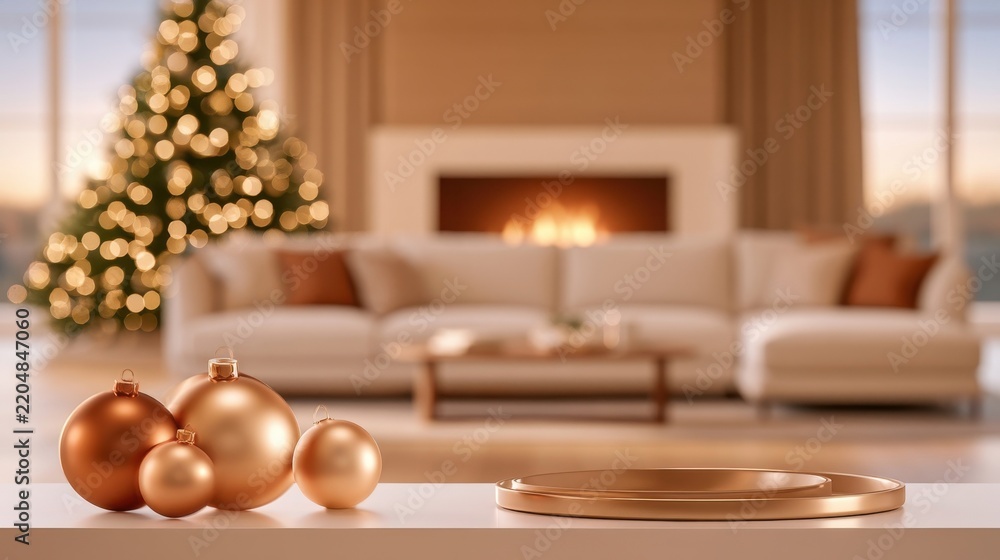 Fototapeta premium Cozy living room scene with golden Christmas ornaments and fireplace glow