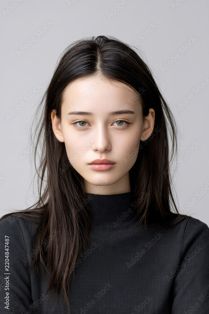 Obraz premium Young East Asian woman with long dark hair, neutral expression, wearing black sweater, studio portrait