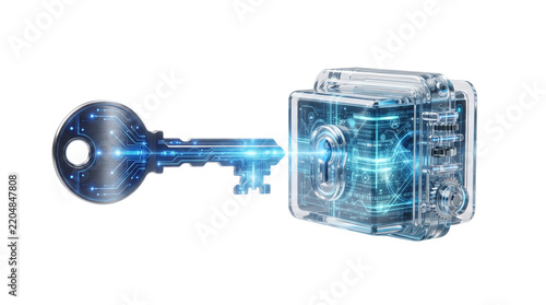 Cybersecurity digital key and glass padlock, futuristic data encryption concept, blue glowing circuit board technology for network safety and privacy isolated PNG with Transparent Background