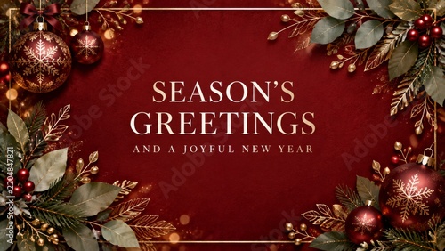 Seasons Greetings Card Design With Festive Decorations and Red Background