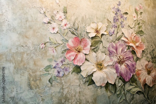 Textured oil painting depicting a bouquet of wild flowers in pink, white, and purple hues
