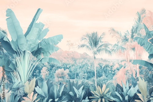 Tropical jungle landscape featuring palm trees and lush foliage with pastel pink sky