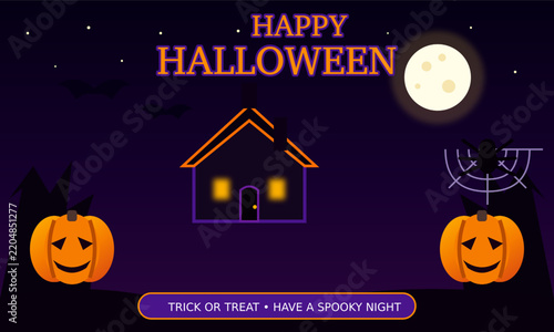 Happy Halloween Night Haunted House with Pumpkins and Spooky Atmosphere