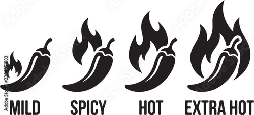 Spicy level chili pepper icons set. Mild, Spicy, Hot, Extra Hot heat scale symbols. Vector flat black silhouettes for restaurant menu, food packaging, and scoville rating. Flame icons indicating food 