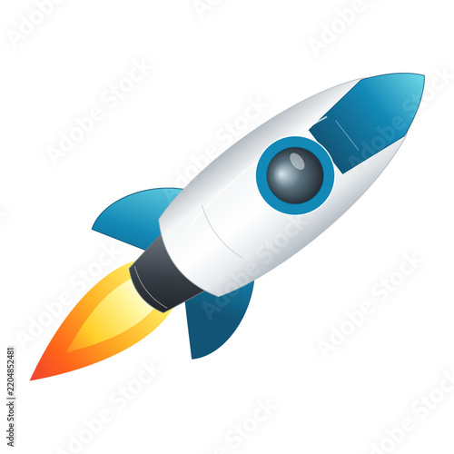 rocket spaceship with blue fins and fiery exhaust for startup launch and space exploration.