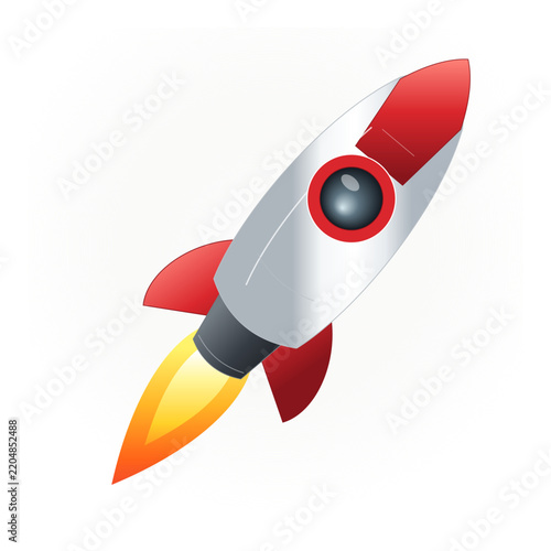 rocket spaceship with red fins and fiery exhaust for business success and mission accomplishment.
