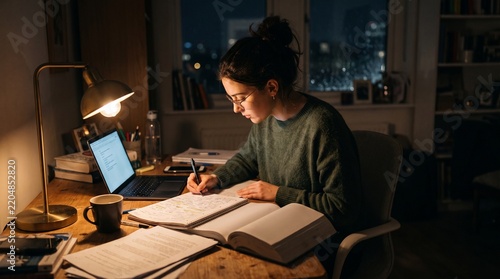 Young woman studying late at night at her desk with laptop and books