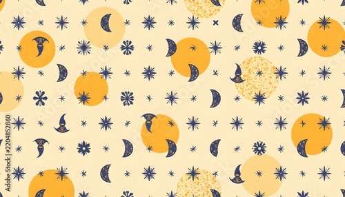 The image features a whimsical pattern with celestial themed elements on a light background