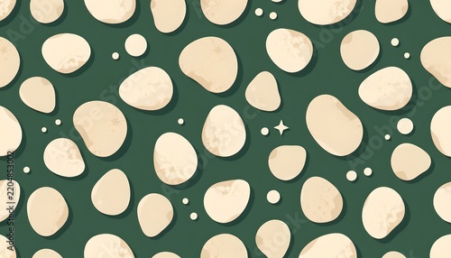 The image features a pattern of irregularly shaped, light colored stones scattered across a dark green background. The stones vary in size and shape, creating a natural, organic appearance