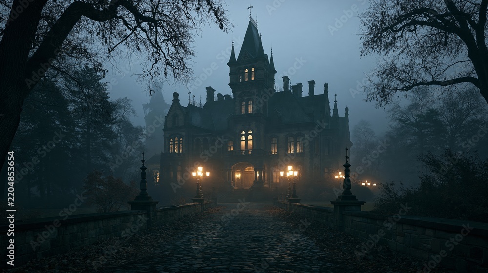 Obraz premium Spooky Old Gothic Castle Under Fog at Night With Lit Windows