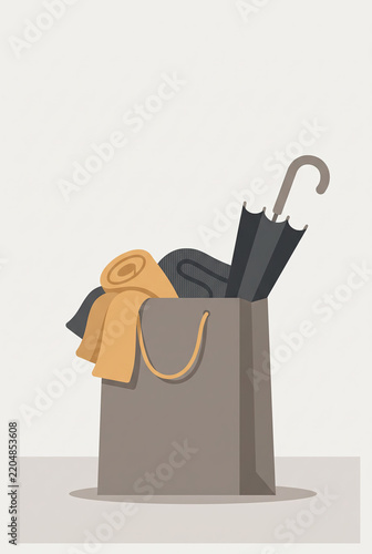 Paper Shopping Bag with Umbrella and Autumn Accessories