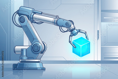 Robotic Arm Gripping a Glowing Blue Cube in a Modern Laboratory