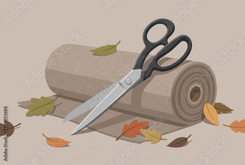 Tailor Scissors Resting on a Roll of Fabric with Autumn Leaves
