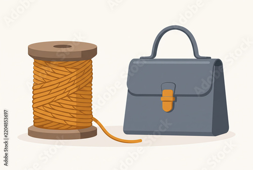 Wooden Spool of Thread and Gray Leather Handbag Illustration