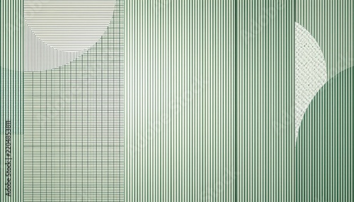 The image features an abstract pattern composed of numerous vertical and curved lines in shades of green and white