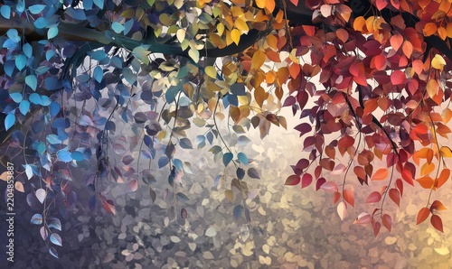 Vibrant autumn tree branches with colorful leaves hanging down against a soft blurred background