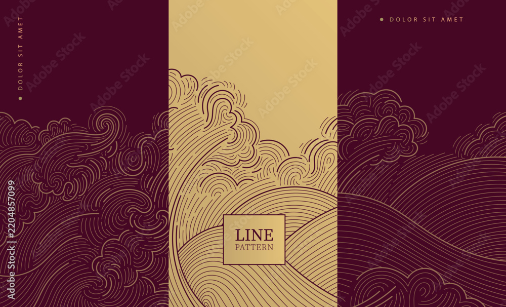 Obraz premium Elegant Chinese pattern with golden line clouds on burgundy, waves, oriental ornament on red background. Vector certificates, awards, wine labels, folders, envelopes, invitations.