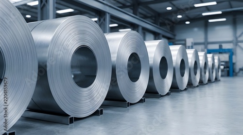 Large rolls of shiny steel coils stored in a bright industrial warehouse factory for manufacturing and metal production processes