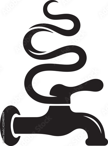 Abstract monochrome vector illustration of an old-fashioned water faucet with a dynamic, winding stream of fluid flowing upwards, symbolizing continuous motion and essential utilities