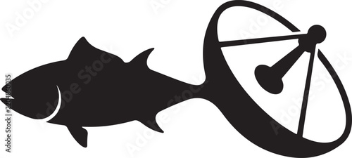 Innovative graphic design fusing a sleek tuna fish with a modern satellite dish, symbolizing the powerful intersection of aquatic life, global connectivity, and communication technology