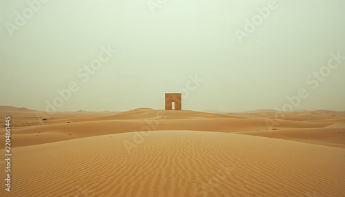 Minimalist desert monolithic gateway smooth sand dunes