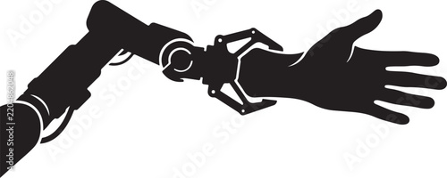 Symbolic handshake between human and robotic arm, representing the future of collaboration, technological integration, and artificial intelligence partnership