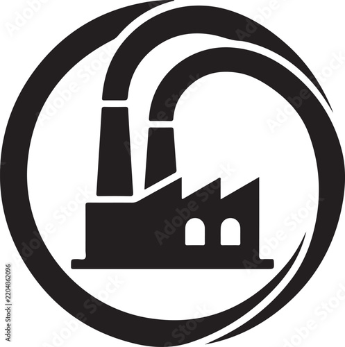 Abstract industrial factory icon featuring active smoke stacks, symbolizing manufacturing, energy production, and environmental considerations, enclosed within a dynamic circular frame
