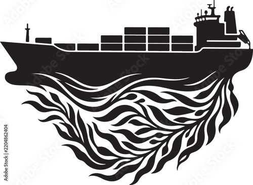 Stylized silhouette of a cargo ship floating above a vibrant underwater forest of seaweed, representing the intricate balance between global shipping and the delicate marine environment