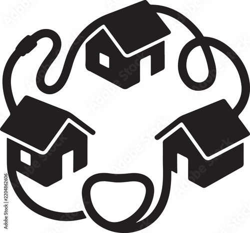 Abstract graphic depicting a connected community of houses, symbolizing network integration, shared resources, and sustainable smart living infrastructure