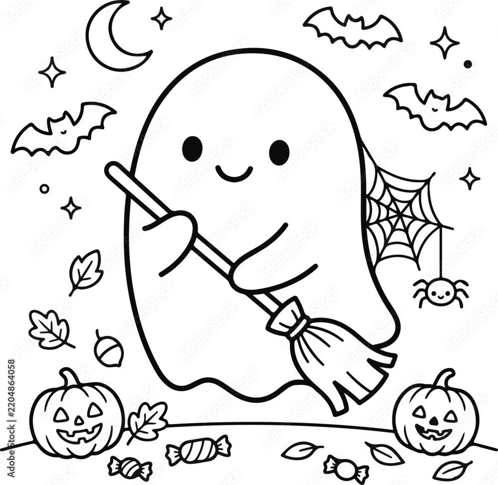Obraz premium Cute ghost holding a broomstick with pumpkins and bats, halloween coloring page for kids