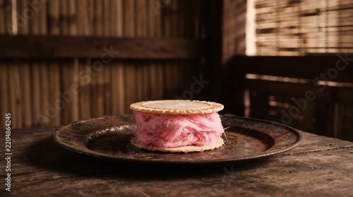 Traditional Indonesian pink spun sugar wafer snack served on vintage tin plate for culinary heritage concept