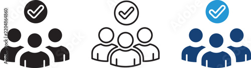 Professional set of human group icons with checkmark symbols representing successful team selection on white background.