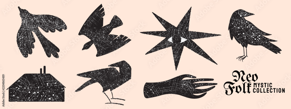 Obraz premium Mystical neo folk vector silhouette collection with raven, flying birds, hand, house and star in grainy linocut texture style