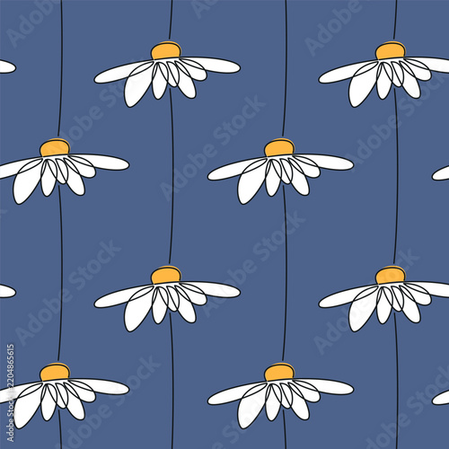 Hand drawn camomile flowers seamless pattern vector. Monoline floral illustration. Dark blue botanical background. Linear wallpaper, fabric, textile, cartoon wrapping paper print.