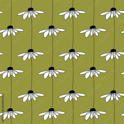 Vector camomile flowers seamless pattern. Hand drawn monoline floral illustration. Green botanical background. Linear wallpaper, fabric, textile, cartoon wrapping paper print.