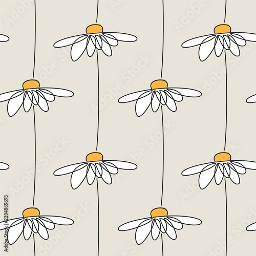 Beige botanical background. White camomile flowers seamless pattern vector. Hand drawn monoline floral illustration. Linear wallpaper, fabric, textile, cartoon wrapping paper print.