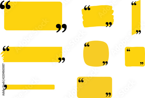 Set of abstract yellow speech bubble shapes with black quotation mark design
