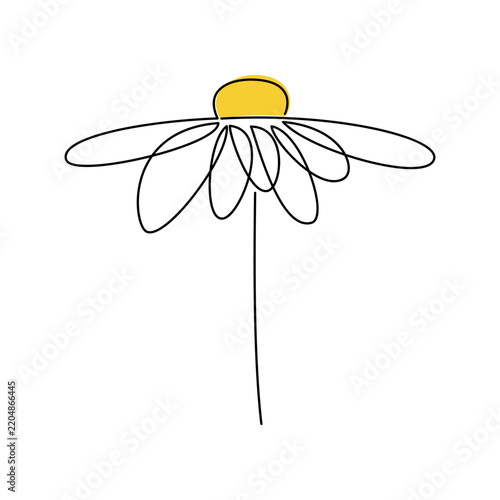 Vector daisy flower silhouette. Botanical icon. One line continuous drawing isolated. Hand drawn camomile. Floral design element for print, beauty branding, card, poster, logo. Minimal cartoon drawing