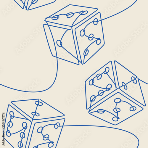 Games wallpaper, gambling background, fabric, textile, wrapping paper, print. Hand drawn dice cubes line continuous drawing. Linear seamless pattern vector. Abstract illustration. 