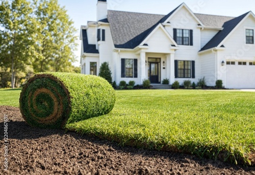 Fresh sod rolls lie on prepared soil beside a suburban home at sunset, ready for professional lawn installation, landscaping, and outdoor property renovation.
