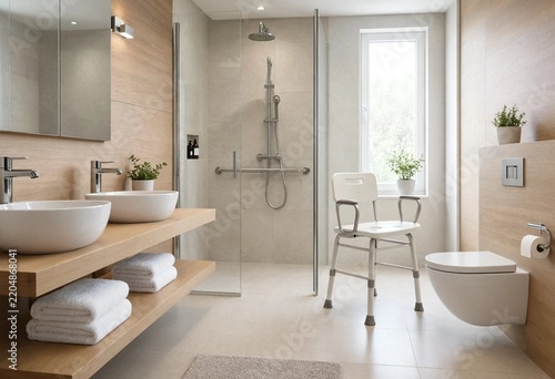 Modern accessible bathroom featuring grab bars, roll-in shower, lowered sink, wheelchair-friendly design, and safety features for seniors and people with mobility impairments.