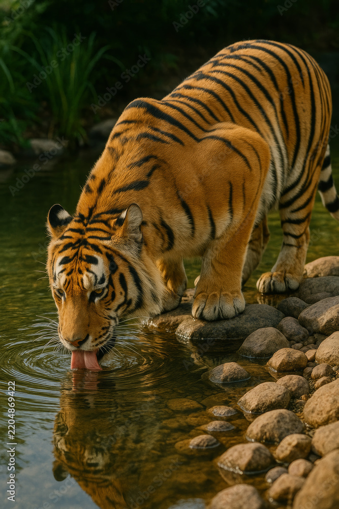 Fototapeta premium Striped tiger lowers its head to drink from a stream