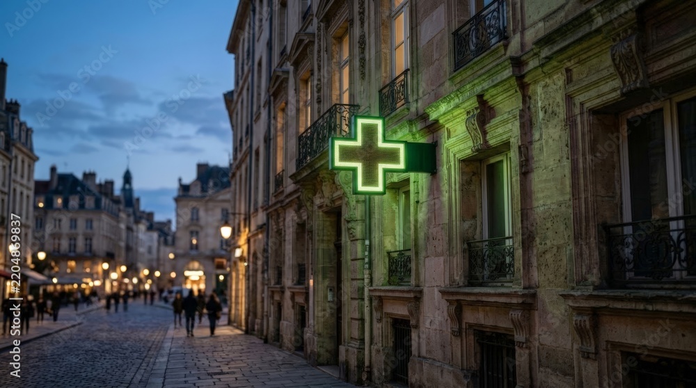 Fototapeta premium An illuminated green pharmacy cross sign glows against an old European stone building along a cobblestone street at dusk, casting a vibrant light, underscoring the green light
