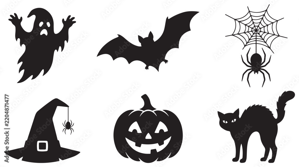 Fototapeta premium Halloween Silhouette Elements Set – Spooky Bat, Witch, Pumpkin, Spider, Ghost, Raven & Cauldron Vector Icons