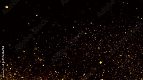 Abstract golden glitter particles flying through the air in super slow motion on a black background, captured at 1000 fps to reveal intricate movement, sparkle, texture, and dynamic detail