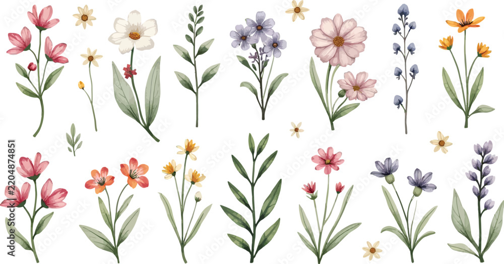 Fototapeta premium Watercolor botanical illustration of assorted wildflowers and stems.