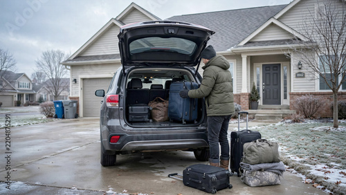Winter transit, loading suitcases into the back of a car outside a suburban home on an overcast morning