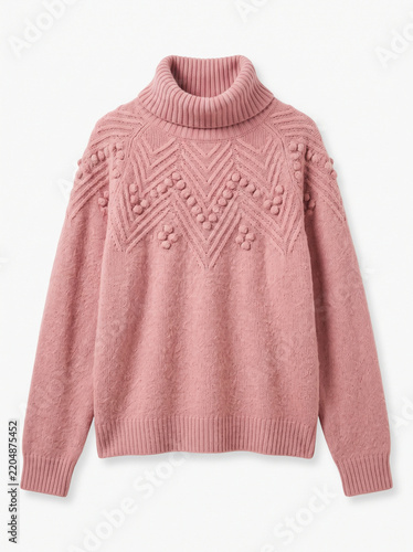 Knitted sweater apparel fashion clothing pink wool turtleneck pullover soft winter wear flat lay top view isolated