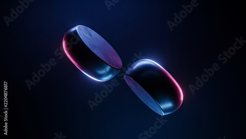 Two reflective metallic ovoid objects illuminated by blue and red light as transparent object