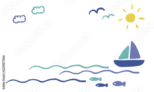 かわいい手描きのヨットと海辺のイラストフレーム